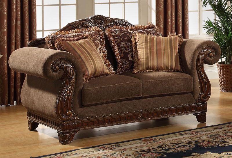 ODESSATRADITIONAL BROWN WOOD TRIM CHENILLE SOFA COUCH LOVESEAT LIVING