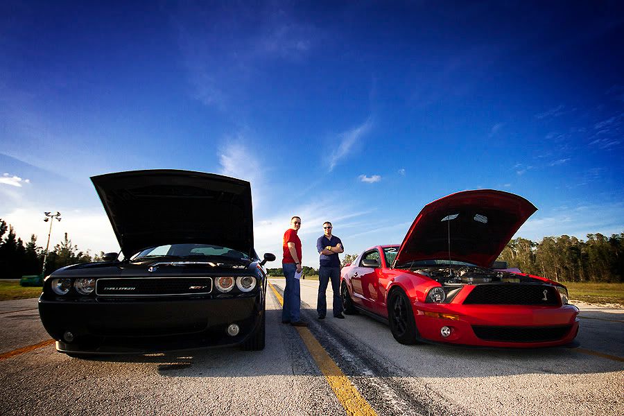 mustang challenger photo: 2010 Dodge Challenger SRT and 2008 Ford Mustang GT 500 Cobra drag.jpg