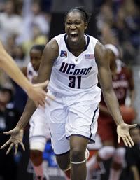 Connecticut's Tina Charles celebrates in the second half of the women's NCAA Final Four college basketball championship game against Stanford Tuesday, April 6, 2010, in San Antonio. Connecticut won 53-47 - AP Photo
