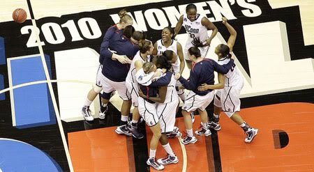 Connecticut players celebrate following the women's NCAA Final Four college basketball championship game against Stanford Tuesday, April 6, 2010, in San Antonio. Connecticut won 53-47 - AP Photo