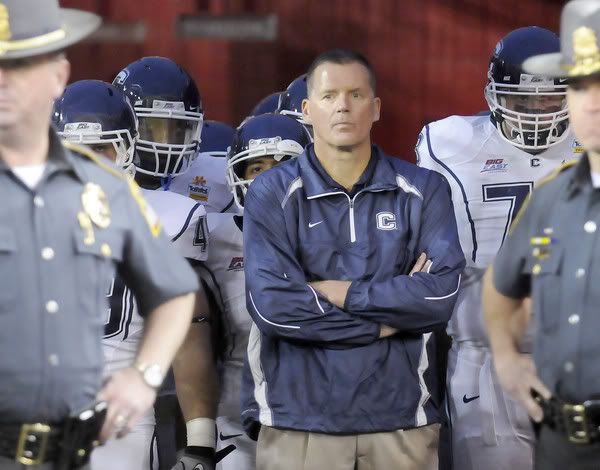 UConn head coach Randy Edsall waits with his team for the start of the 2011 Tostitos Fiesta Bowl between UConn and Oklahoma in Glendale, AZ., Saturday evening. 