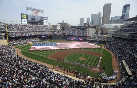 Target Field during the National Anthem during the Minnesota Twins home opener against the Boston Red Sox on April 12, 2010 in Minneapolis, Minnesota - Getty Images