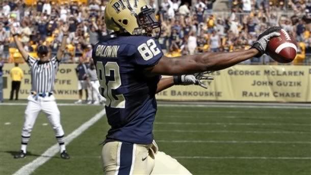 Pittsburgh wide receiver Jon Baldwin celebrates as he crosses the goal line after dashing 56-yards with a touchdown catch in the third quarter of an NCAA college football game against New Hampshire in Pittsburgh, Saturday, Sept. 11, 2010. Pittsburgh won 38-16.