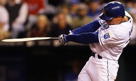 Kansas City Royals' Rick Ankiel breaks his bat while hitting a double during the eighth inning of a major league baseball game against the Boston Red Sox Friday, April 9, 2010, in Kansas City, Mo. Ankiel drove in two runs on the play. The Royals defeated the Red Sox 4-3. (AP Photo/Orlin Wagner)