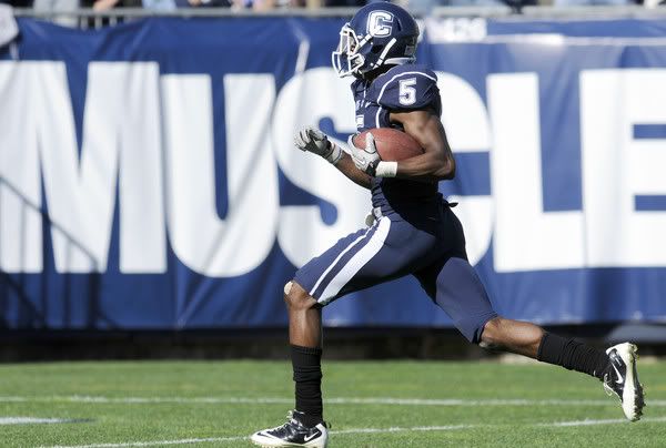 UConn  cornerback Blidi Wreh-Wilson returns an interception for a fourth-quarter touchdown Saturday against Vanderbilt at Rentschler Field.