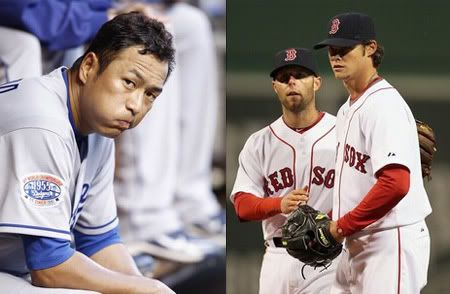 Hiroki Kuroda (L), Dustin Pedroia & Clay Buchholz (R) - AP Photos
