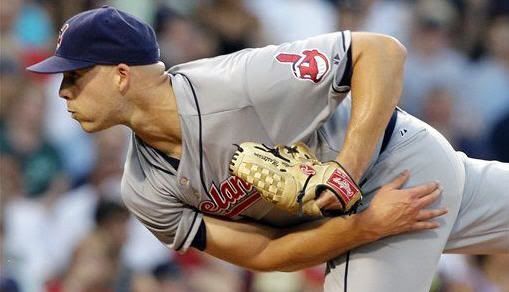 Cleveland Indians starting pitcher Justin Masterson delivers in the fourth inning against the Boston Red Sox during a baseball game at Fenway Park in Boston on Wednesday, Aug. 4, 2010. (AP Photo/Elise Amendola)