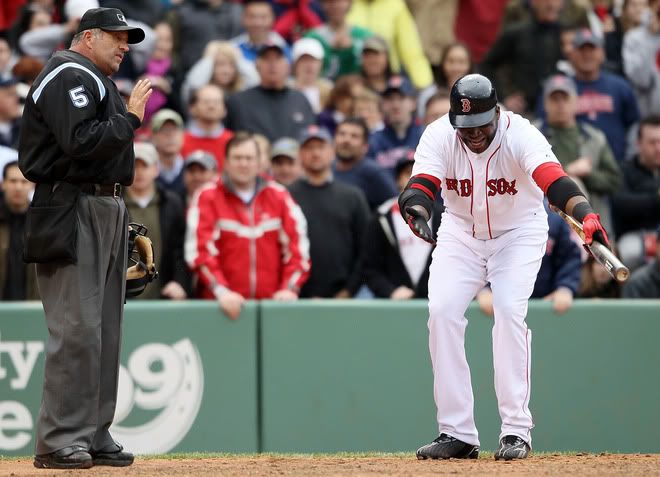 David Ortiz(notes) #34 of the Boston Red Sox argues his call of a strikeout with home plate umpire Dale Scott in the ninth inning against the Toronto Blue Jays on May 12, 2010 at Fenway Park in Boston, Massachusetts. The Blue Jays defeated the Red Sox 3-2. (Photo by Elsa/Getty Images)