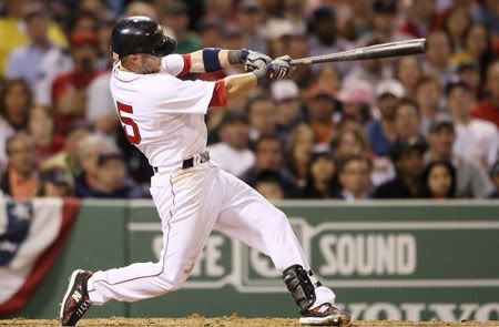 Dustin Pedroia #15 of the Boston Red Sox hits a two run homer in the seventh inning against the New York Yankees on April 4, 2010 during Opening Night at Fenway Park in Boston, Massachusetts. (Photo by Elsa/Getty Images)
