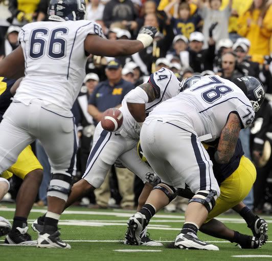 The ball pops loose on D.J. Shoemate on third and 1 inside the 5-yard line with the Huskies down 24-10. The play seemed to take the wind out of UConn in its 30-10 loss in their season opener at Michigan Stadium on Saturday