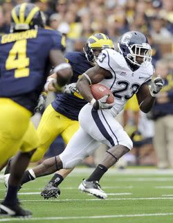 Jordan Todman scored the only UConn TD against Michigan Saturday afternoon in a 30-10 loss at Michigan Stadium in front of the largest crowd to ever watch a college football game. A reported 113,000-plus were in attendance. 