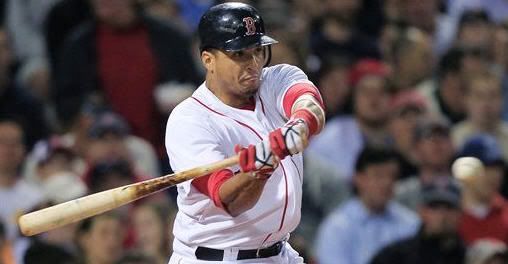 Boston Red Sox'd Victor Martinez tracks the ball as he swings for a two-run home run off Los Angeles Angels starter Scott Kazmir in the third inning of a baseball game in Boston, Thursday, May 6, 2010. (AP Photo/Charles Krupa)
