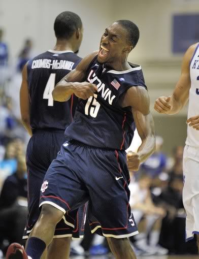 UConn's Kemba Walker reacts after hitting a three-pointer against Kentucky in the first half of the championship game of the Maui Invitational tournament Wednesday at the Lahaina Civic Center in Maui, Hawaii. 