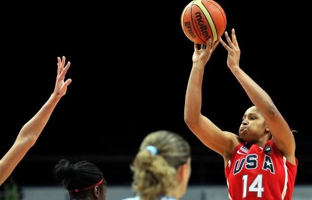 Maya Moore of US scores during the match between USA and Greece during the match during the Women's FIBA World Championship 2010 in Ostrava on September 23, 2010.