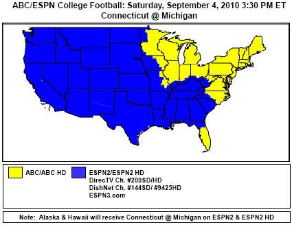 UConn Huskies vs Michigan Wolverines coverage map for 9/4