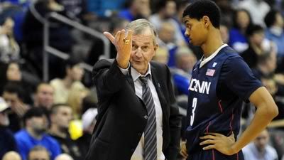 UConn Head Coach Jim Calhoun lectures Jeremy Lamb as the UConn men's basketball team squeaked by Seton Hall 61-59.