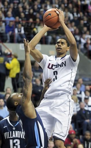 Jeremy Lamb of UConn pulls up for the short jumper over Maalik Wayns of Villanova for 2 of his 14 points during the second half Monday afternoon.