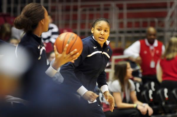 Michala Johnson passes the ball to Maya Moore during warm ups before the UConn women's basketball team takes on the University of Cincinnati Bearcats at the Fifth Third Arena in Cincinnati, Ohio Saturday January 29th, 2011. 