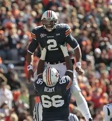 Auburn quarterback Cameron Newton (2) is hoisted by teammate Mike Berry (66) after he scored on a 1-yard run against Chattanooga in the first half of an NCAA college football game Saturday, Nov. 6, 2010 at Jordan-Hare Stadium in Auburn, Ala.