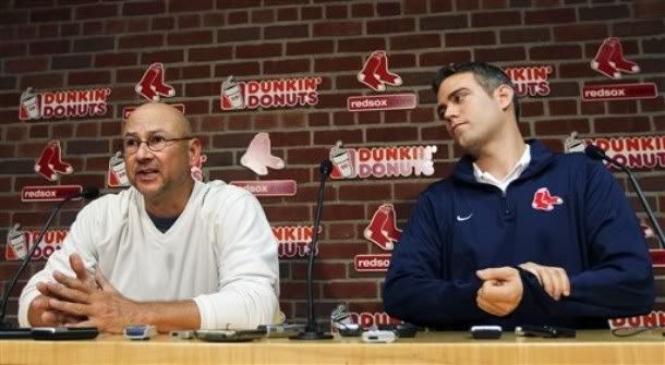 Boston Red Sox manager Terry Francona, left, speaks as team general manager Theo Epstein listens during a baseball news conference at Fenway Park in Boston, Thursday, Sept. 29, 2011. Epstein said he won't make a scapegoat of skipper Terry Francona after the team's unprecedented September collapse.