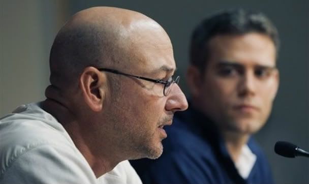 Boston Red Sox manager Terry Francona, left, speaks as general manager Theo Epstein listens during a news conference at Fenway Park in Boston, Thursday, Sept. 29, 2011, one day after the Red Sox failed to make the baseball playoffs. Epstein said he won't make a scapegoat of Francona after the team's unprecedented September collapse, and that everyone will be evaluated this offseason, including the manager and GM. But he said "nobody blames" the team's 7-20 in the final month on Francona.