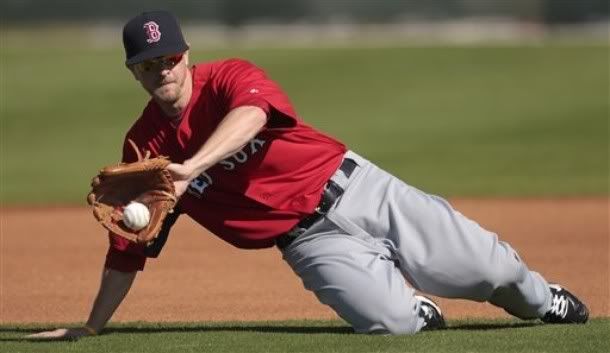 Boston Red Sox infielder Drew Sutton fields a ball on the first day of spring training baseball for the full Red Sox squad at the Player Development Complex in Fort Myers, Fla. , Saturday, Feb. 19, 2011.
