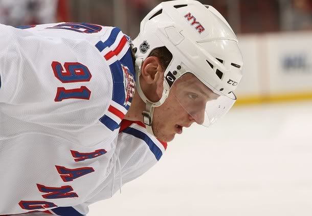 Evgeny Grachev #91 of the New York Rangers against the New Jersey Devils at the Prudential Center on November 5, 2010 in Newark, New Jersey.