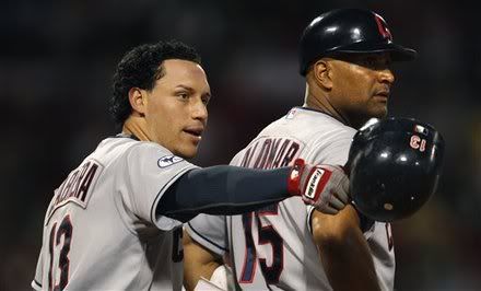 Cleveland Indians' Asdurbal Cabrera points down the right field line as talks with first base coach Sandy Alomar during the eighth inning of a baseball game against the Boston Red Sox at Fenway Park in Boston, Monday, Aug. 1, 2011. Cabrera's drive to right was initially called a single, but changed to a home run after umpires watched the video replay.