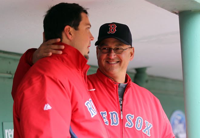 Josh Beckett(notes) #19 and manager Terry Francona of the Boston Red Sox confer in the bottom of the seventh inning in the dug against the Toronto Blue Jays at Fenway Park April 16, 2011 in Boston, Massachusetts.