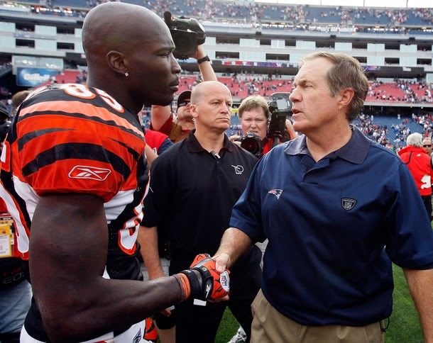 Coach Bill Belichick of the New England Patriots shakes hands with Chad Ochocinco #85 of the Cincinnati Bengals at the completion of the NFL season opener at Gillette Stadium on September 12, 2010 in Foxboro, Massachusetts. The Patriots won 38-24.
