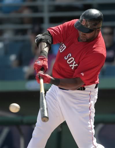 Boston Red Sox designated hitter David Ortiz(notes) hits a single in the first inning of their spring training baseball game against the Atlanta Braves at City of Palms Stadium in Fort Myers, Fla., Wednesday, March 2, 2011. Ortiz went 3 for 3 in the 6-1 loss to Atlanta.