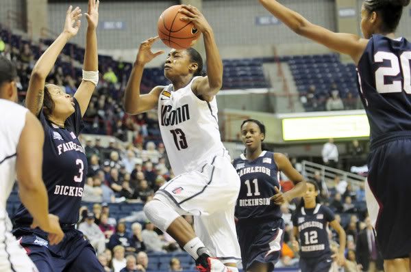 UConn's Brianna Banks drives the lane for two against Fairleigh Dickinson during the second half of the Huskies' 74-28 win Friday at Gampel Pavilion in Storrs.