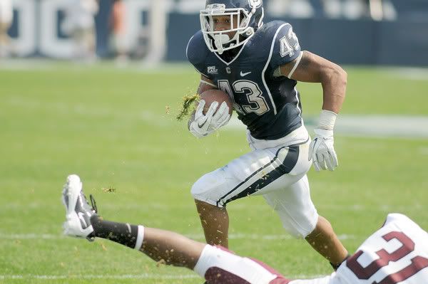 UConn's Lyle McCombs (No. 43) heads toward the end zone to score yet another UConn touchdown during the second half of UConn football opener at Rentschler Field against Fordham on Saturday. UConn won 35-3. 