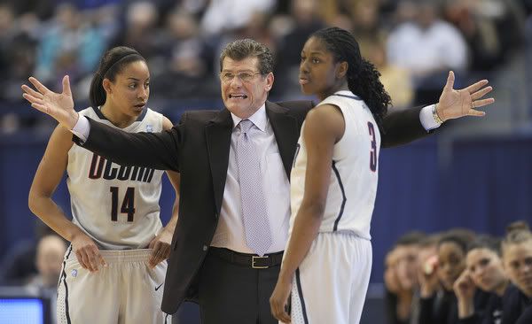 UConn coach Geno Auriemma shows his frustration while talking with Bria Hartley, left, and Tiffany Hayes in the first half against Seton Hall. The Huskies let Seton Hall stick around during the first half but in the end they proved too strong in an 80-59 victory. 