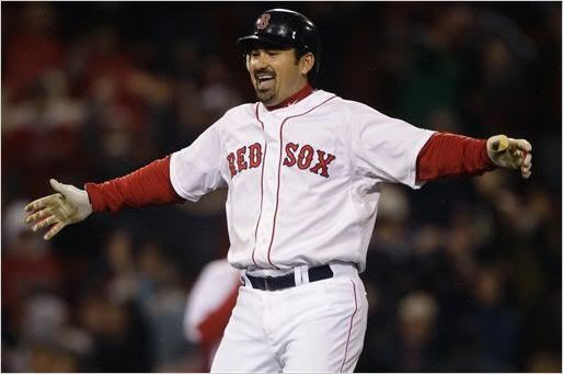 Boston Red Sox's Adrian Gonzalez celebrates after his game-winning, two-run double against the Baltimore Orioles in the ninth inning of a baseball game at Fenway Park in Boston, Monday, May 16, 2011. 