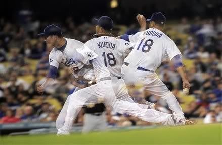 This is a multiple exposure image of Los Angeles Dodgers starting pitcher Hiroki Kuroda, of Japan, throws to the plate during the fourth inning of their baseball game against the Pittsburgh Pirates, Friday, Sept. 16, 2011, in Los Angeles.