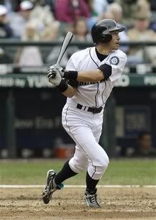 Seattle Mariners' Ichiro Suzuki watches his 214th and final hit of the 2010 baseball season during an at-bat in the eighth inning of a baseball game against the Oakland Athletics, Sunday, Oct. 3, 2010, in Seattle.