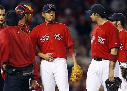 Boston Red Sox pitcher Daisuke Matsuzaka Daisuke Matsuzaka(notes) prepares to leave the mound after an injury against the Seattle Mariners during the fifth inning of an MLB baseball game in Boston, Friday, April 29, 2011.