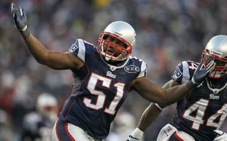 Jerod Mayo #51 of the New England Patriots reacts after he sacked Matt Moore #8 of the Miami Dolphins in the second half at Gillette Stadium on December 24, 2011 in Foxboro, Massachusetts.