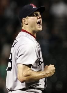 Boston Red Sox relief pitcher Jonathan Papelbon reacts after striking out Baltimore Orioles batter Josh Bell for the last out of the game in the ninth inning of their MLB American League baseball game in Baltimore, Maryland September 2, 2010. 