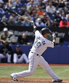 Jose Bautista #19 of the Toronto Blue Jays bats during the game against the Seattle Mariners on September 23, 2010 at Rogers Centre in Toronto, Ontario, Canada.