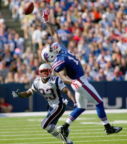 Leigh Bodden #23 of the New England Patriots looks to make a play on a pass intended for Donald Jones #19 of the Buffalo Bills at Ralph Wilson Stadium on September 25, 2011 in Orchard Park, New York. Buffalo won 34-31.