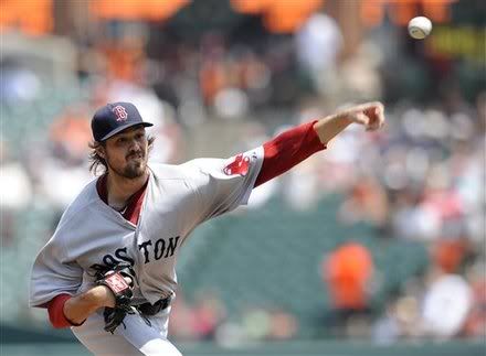 Boston Red Sox starting pitcher Andrew Miller(notes) delivers a pitch against the Baltimore Orioles during the first inning of a baseball game, Wednesday, July 20, 2011, in Baltimore.