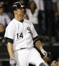 Chicago White Sox's Paul Konerko reacts after being called out on strikes during the 11th inning of a baseball game against the Detroit Tigers in Chicago, Sunday, Sept. 19, 2010. The tigers won 9-7.