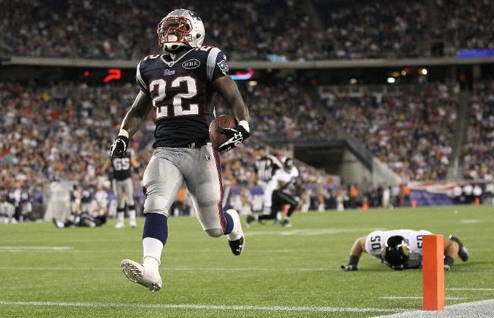 Stevan Ridley #22 of the New England Patriots scores a touchdown against the Jacksonville Jaguars during the second half of a preseason game at Gillette Stadium on August 11, 2011 in Foxboro, Massachusetts.