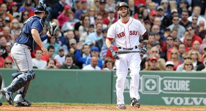 Catcher Kelly Shoppach #10 of the Tampa Bay Rays holds onto the ball as Dustin Pedroia #15 of the Boston Red Sox strikes out in the first inning at Fenway Park on September 18, 2011 in Boston, Massachusetts. 