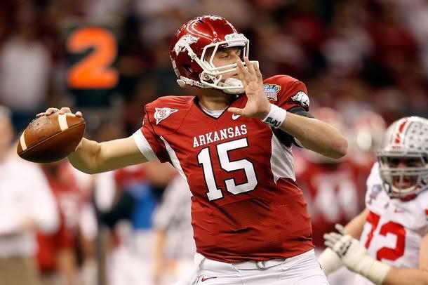 Quarterback Ryan Mallett #15 of the Arkansas Razorbacks looks to pass against the Ohio State Buckeyes during the Allstate Sugar Bowl at the Louisiana Superdome on January 4, 2011 in New Orleans, Louisiana.