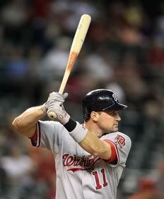 Ryan Zimmerman #11 of the Washington Nationals at bat during the Major League Baseball game against the Arizona Diamondbacks at Chase Field on August 4, 2010 in Phoenix, Arizona. The Nationals defeated the Diamondbacks 7-2.