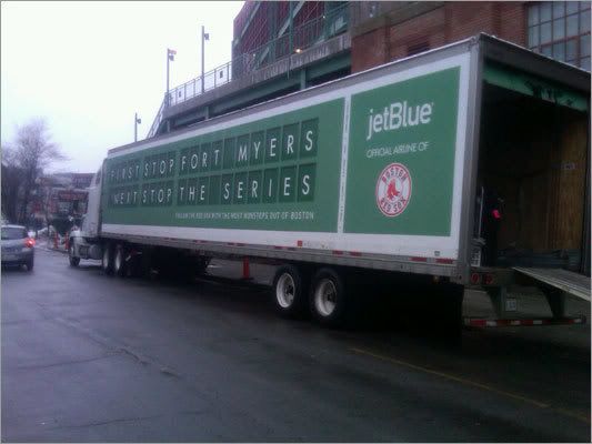 The 18-wheeler that will carry equipment from Boston to Fort Myers, Fla., sat outside Fenway Park Tuesday morning.
