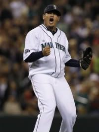 Seattle Mariners starting pitcher Felix Hernandez celebrates the final out of a baseball game against the Los Angeles Angels, Wednesday, Aug. 31, 2011, in Seattle. The Mariners beat the Angels 2-1.